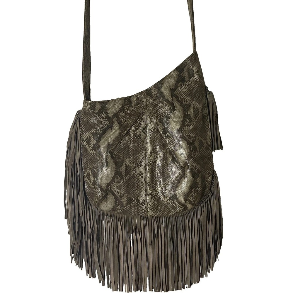 MUXO Camila Alves Boho Fringe Hobo Shoulder Bag Brown Python Suede Leather